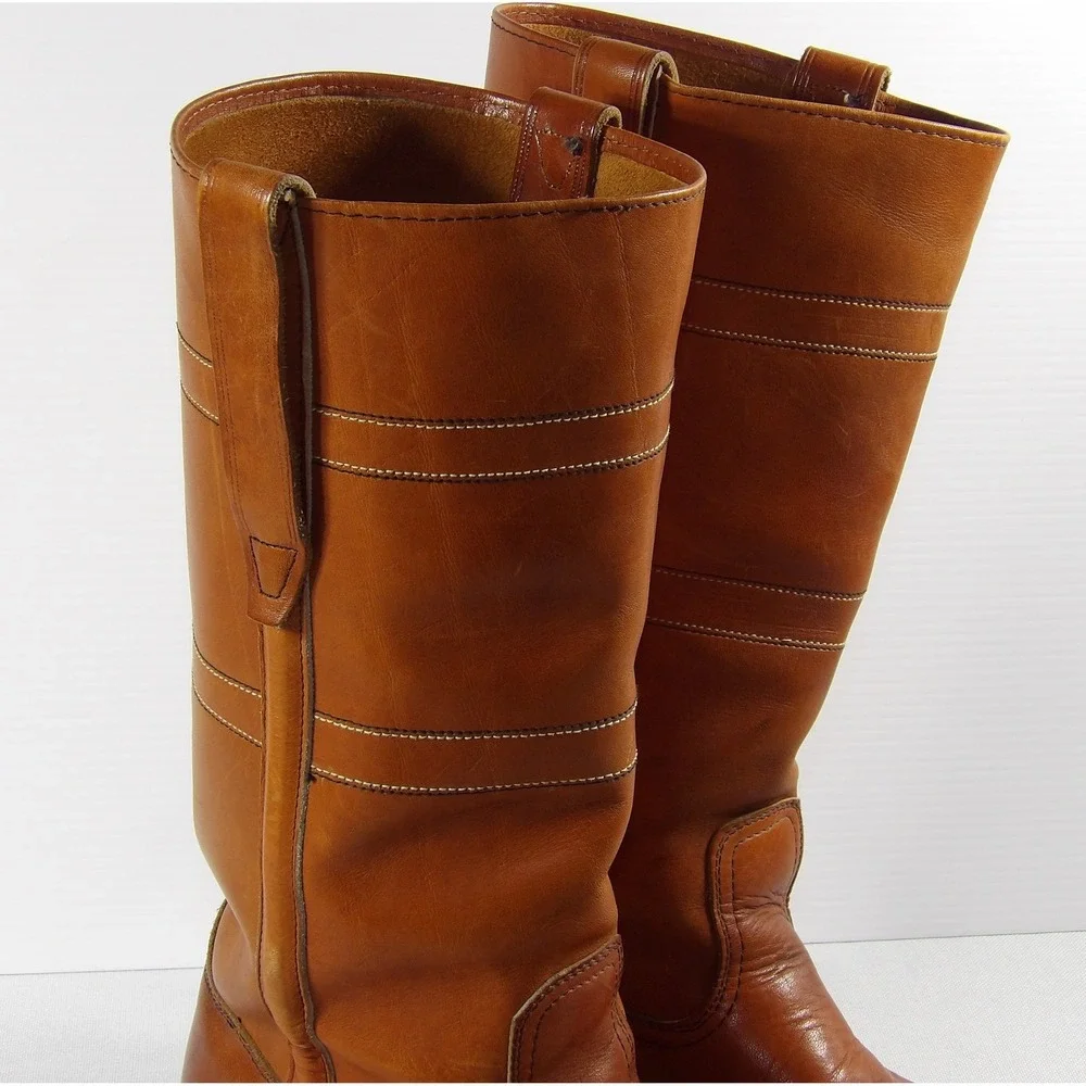 Vintage Tall Leather Pull On Boots Mens 8.5 Tan Good Vibram Lug Sole Work Moto